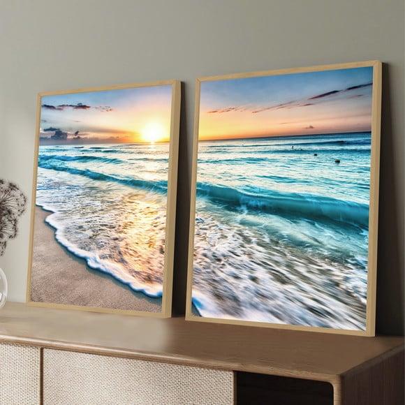 Quadros Decorativos Praia Mar Azul Pôr Do Sol Com Moldura