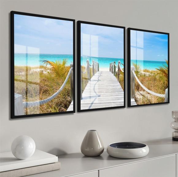 Quadros Decorativos Praia Deck Paisagem Mar Moldura e Vidro