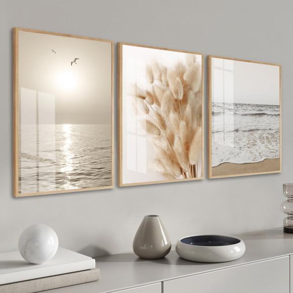 Quadros Decorativos Praia Mar Capim Moldura e Vidro 50x70