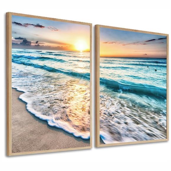 Quadros Decorativos Praia Mar Azul Pôr Do Sol Com Moldura