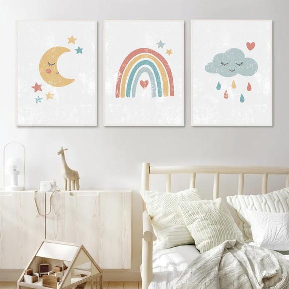 Quadros Decorativos Quarto Infantil Nuvem Arco Íris Moldura