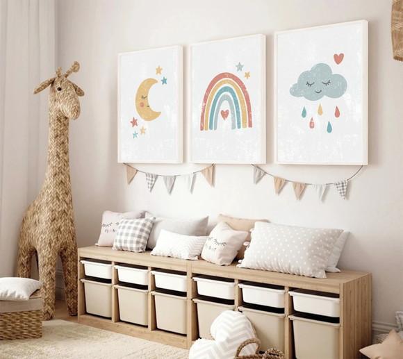 Quadros Decorativos Quarto Infantil Nuvem Arco Íris Moldura