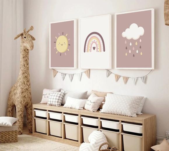 Quadros Decorativos Quarto Infantil Nuvem Rosa com Moldura