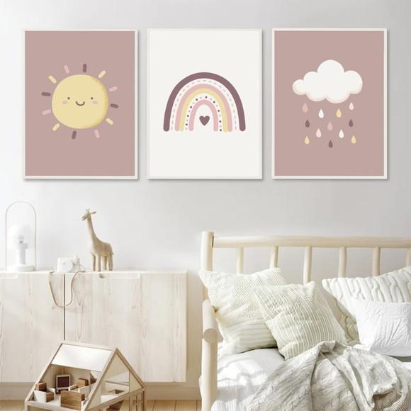 Quadros Decorativos Quarto Infantil Nuvem Rosa com Moldura