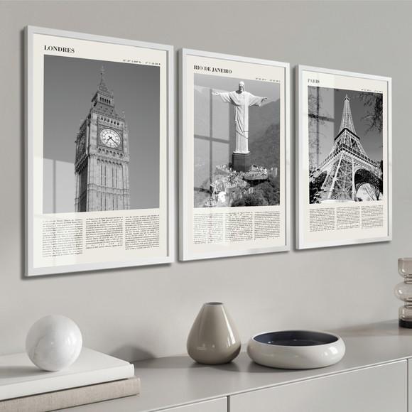 Quadros Decorativos Rio Londres Paris com Moldura e Vidro