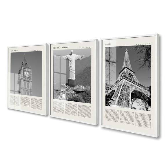 Quadros Decorativos Rio Londres Paris com Moldura e Vidro