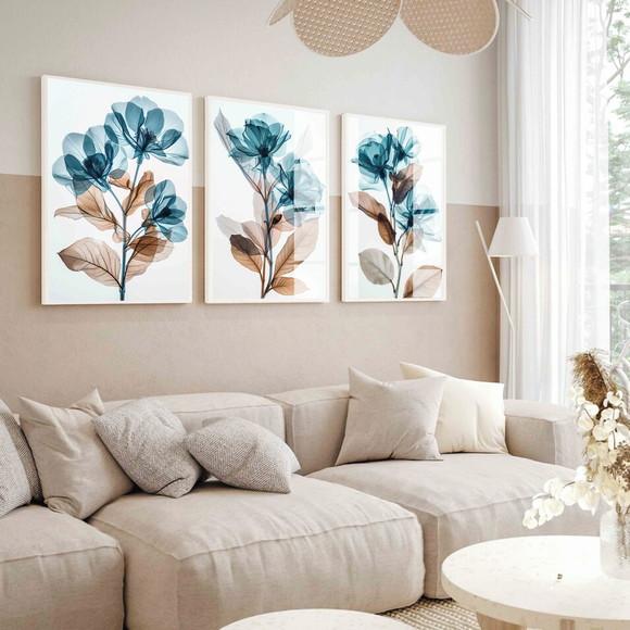 Quadros Decorativos Sala Moderna Flores Azul Moldura e Vidro