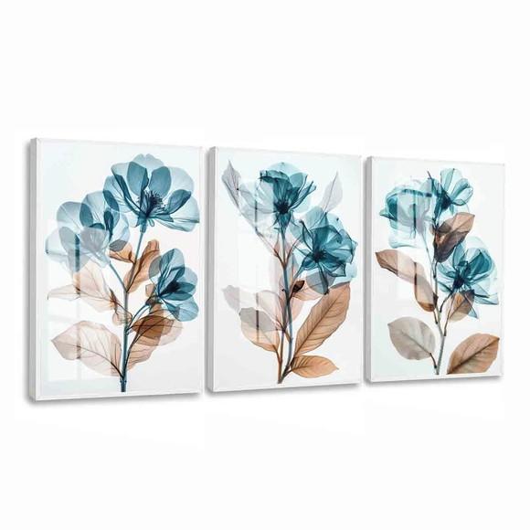 Quadros Decorativos Sala Moderna Flores Azul Moldura e Vidro