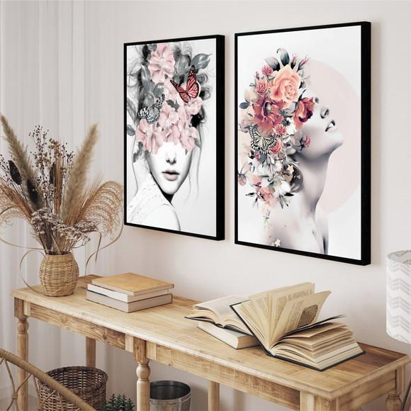 Quadros Modernos Decoração Quarto Mulher Flores Com Moldura