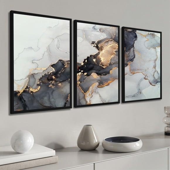 Trio de Quadros Decorativos Sala Abstrato Modernos Moldura