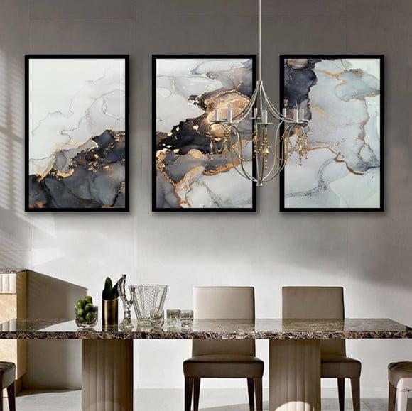 Trio de Quadros Decorativos Sala Abstrato Modernos Moldura