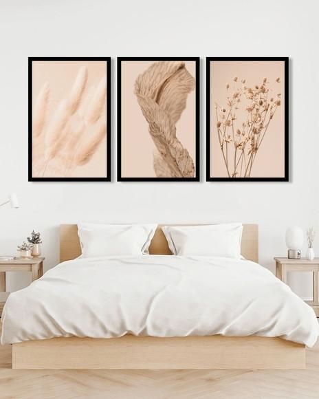 Trio De Quadros Decorativos Para Sala Folhagem Bege Moldura