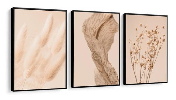 Trio De Quadros Decorativos Para Sala Folhagem Bege Moldura