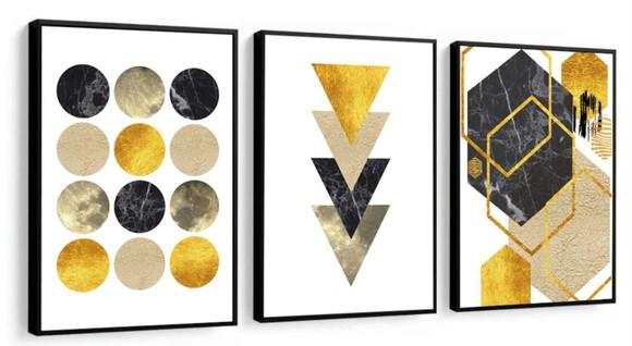 Trio Quadros Decorativos Abstrato Geométrico Amarelo Moldura