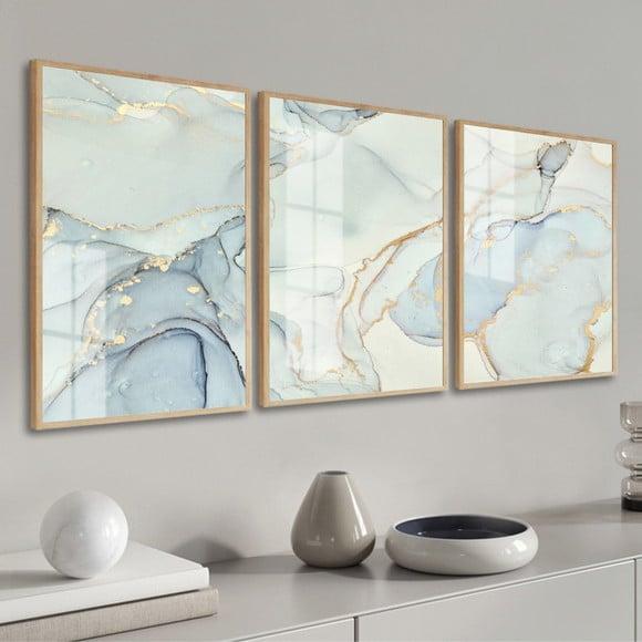 Trio Quadros Decorativos Abstrato Gold Azul Moldura e Vidro