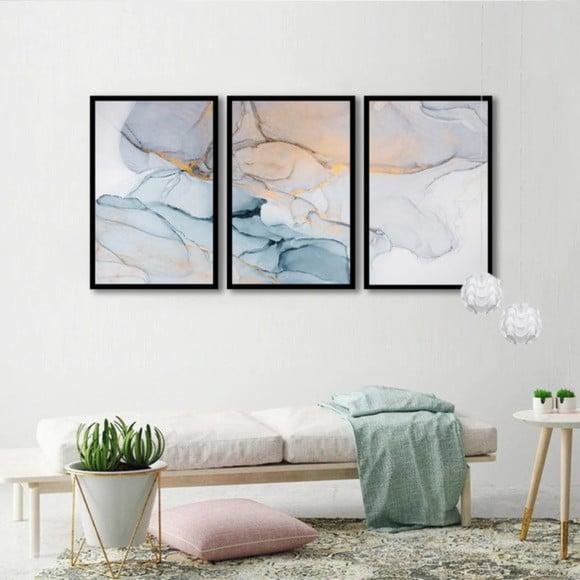 Trio Quadros Decorativos Abstrato Modernos Para Sala Moldura