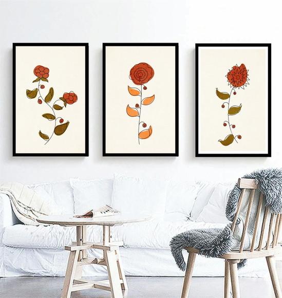 Trio Quadros Decorativos Para Quarto Feminino Flores Moldura