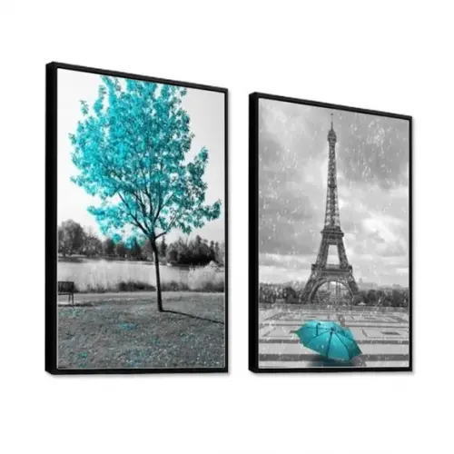 2 Quadros Arvore Cidade Azul Torre Paris Decoração Molduras