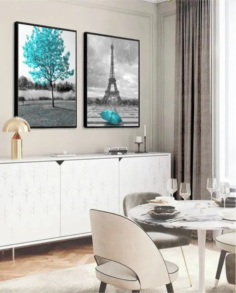 2 Quadros Arvore Cidade Azul Torre Paris Decoração Molduras