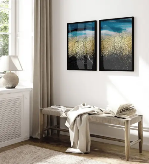 2 Quadros Decorativos Abstrato Azul e Dourado Moldura Vidro