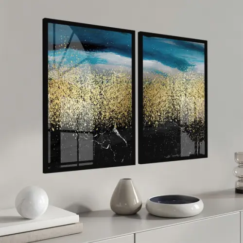 2 Quadros Decorativos Abstrato Azul e Dourado Moldura Vidro