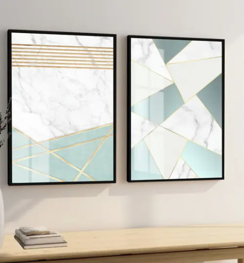 2 Quadros Decorativos Abstrato Azul Moderno Moldura e Vidro