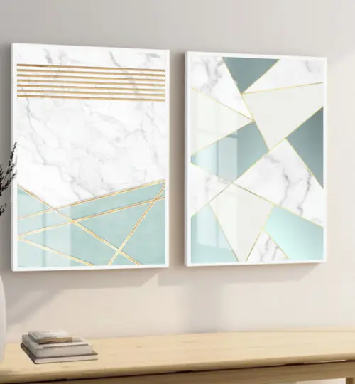 2 Quadros Decorativos Abstrato Azul para Sala Moldura Vidro