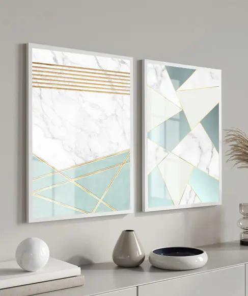 2 Quadros Decorativos Abstrato Azul para Sala Moldura Vidro