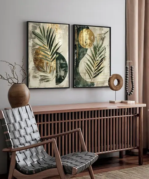 2 Quadros Decorativos Abstrato Dourado Folhas Verdes Moldura