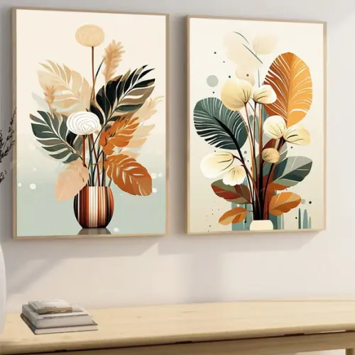 2 Quadros Decorativos Abstrato Folhagem Moderna Sala Moldura