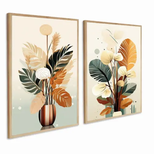 2 Quadros Decorativos Abstrato Folhagem Moderna Sala Moldura