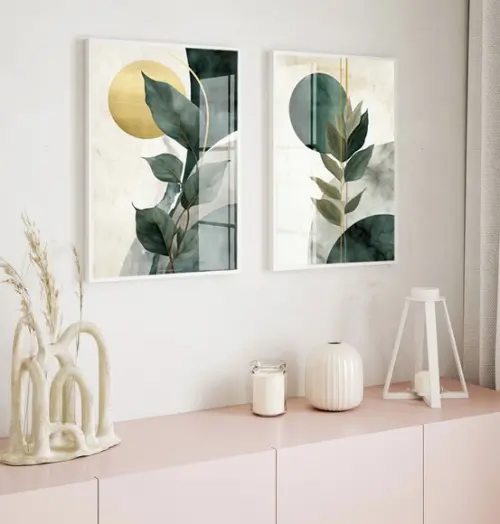 2 Quadros Decorativos Abstrato Folhagem Verde Moldura Vidro