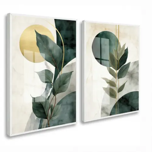 2 Quadros Decorativos Abstrato Folhagem Verde Moldura Vidro