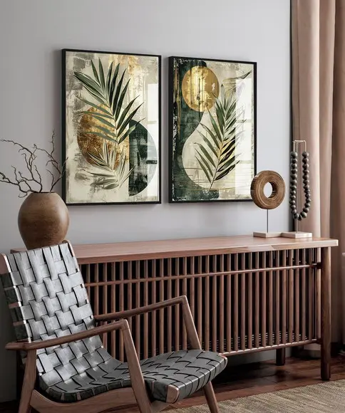 2 Quadros Decorativos Abstrato Folhas Verdes Moderno Vidro