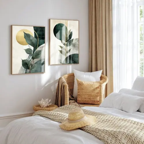2 Quadros Decorativos Abstrato Folhas Verdes Moldura e Vidro