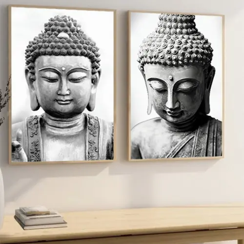 2 Quadros Decorativos Buda Preto e Branco Moderno Moldura