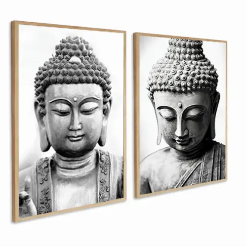 2 Quadros Decorativos Buda Preto e Branco Moderno Moldura