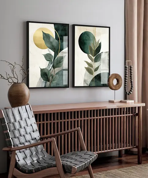 2 Quadros Decorativos Folhagem Verde Abstrato Moldura Vidro
