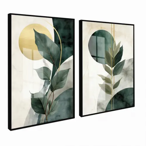 2 Quadros Decorativos Folhagem Verde Abstrato Moldura Vidro