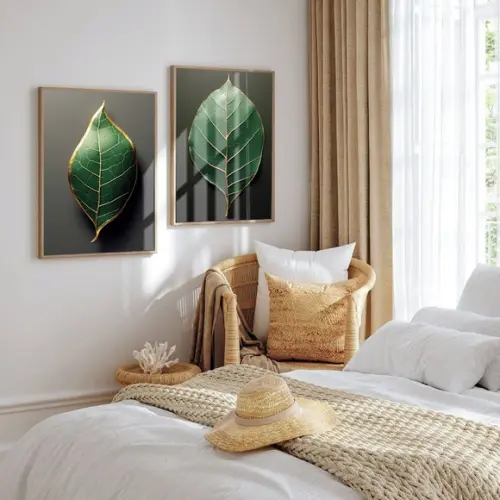 2 Quadros Decorativos Folhagem Verde Moderna Moldura Vidro