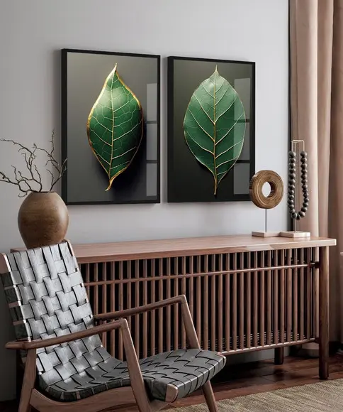 2 Quadros Decorativos Folhagem Verde Gold Moderna com Vidro
