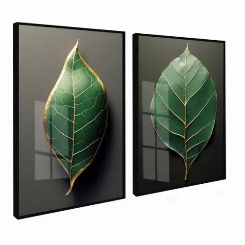 2 Quadros Decorativos Folhagem Verde Gold Moderna com Vidro