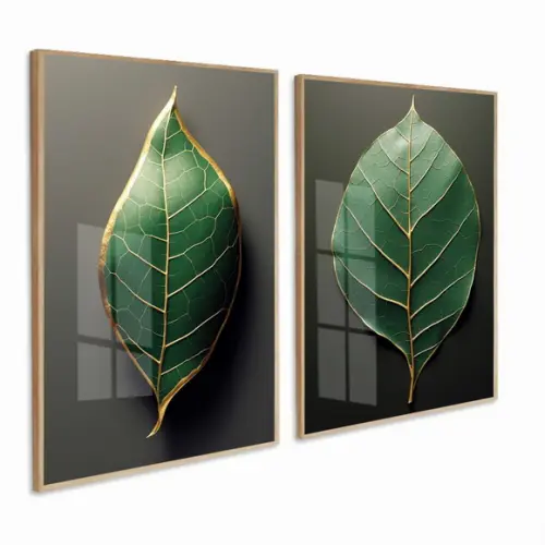 2 Quadros Decorativos Folhagem Verde Moderna Moldura Vidro