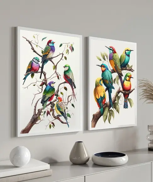 2 Quadros Decorativos Pássaros Coloridos Modernos Moldura