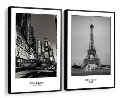 2 Quadros Nova York Paris Preto e Branco Decoração Moldura
