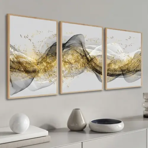 3 Quadros Abstrato Cinza Mármore Conjunto Decoração Molduras