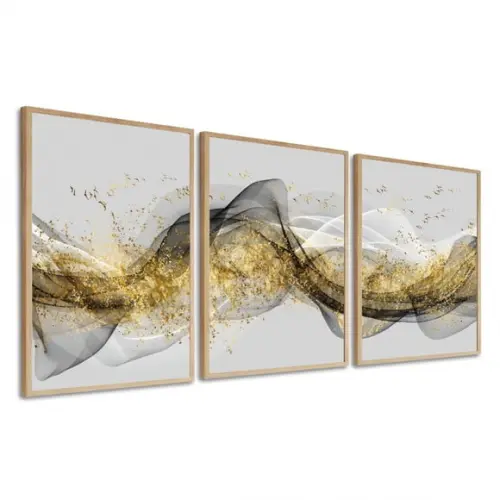 3 Quadros Abstrato Cinza Mármore Conjunto Decoração Molduras