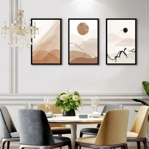 3 Quadros Abstrato Decoração Tons Marrom Conjunto Molduras