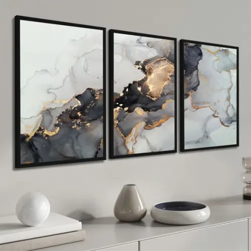 3 Quadros Abstrato Cinza Mármore Conjunto Decoração Molduras