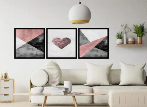 3 Quadros Abstrato Geométrico Rosê Decoração Casal Molduras